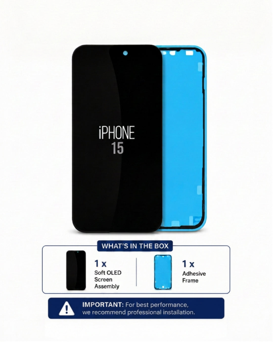 A replacement iPhone 15 screen display assembly shown front and back on a white background, with a box contents label below indicating one soft OLED screen assembly and one adhesive frame.