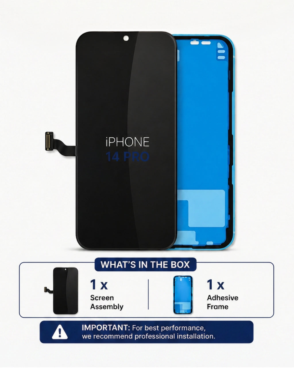 A replacement iPhone 14 Pro screen assembly and adhesive frame set, shown as a black front glass panel with a blue adhesive frame behind it, plus a 'What's in the box' summary and installation note on a white background.
