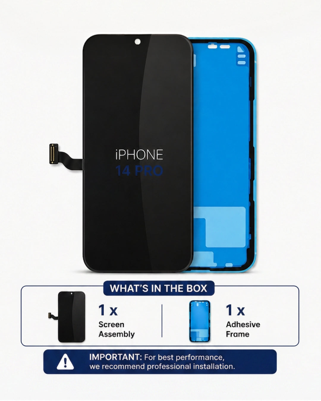 A replacement iPhone 14 Pro screen assembly and adhesive frame set, shown as a black front glass panel with a blue adhesive frame behind it, plus a 'What's in the box' summary and installation note on a white background.