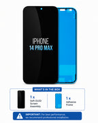 An iPhone 14 Pro Max screen assembly kit shown on a white background, with the front black screen panel and the blue adhesive frame behind it. Text below reads 'IPHONE 14 PRO MAX' and 'WHAT'S IN THE BOX' indicating a 1x soft OLED screen assembly and 1x adhesive frame.