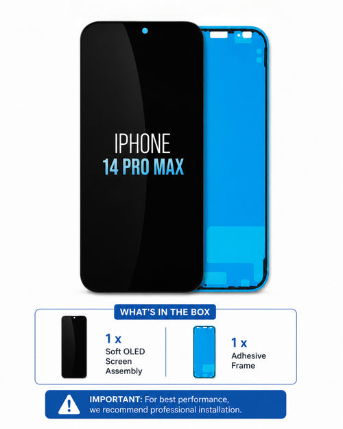 An iPhone 14 Pro Max screen assembly kit shown on a white background, with the front black screen panel and the blue adhesive frame behind it. Text below reads 'IPHONE 14 PRO MAX' and 'WHAT'S IN THE BOX' indicating a 1x soft OLED screen assembly and 1x adhesive frame.