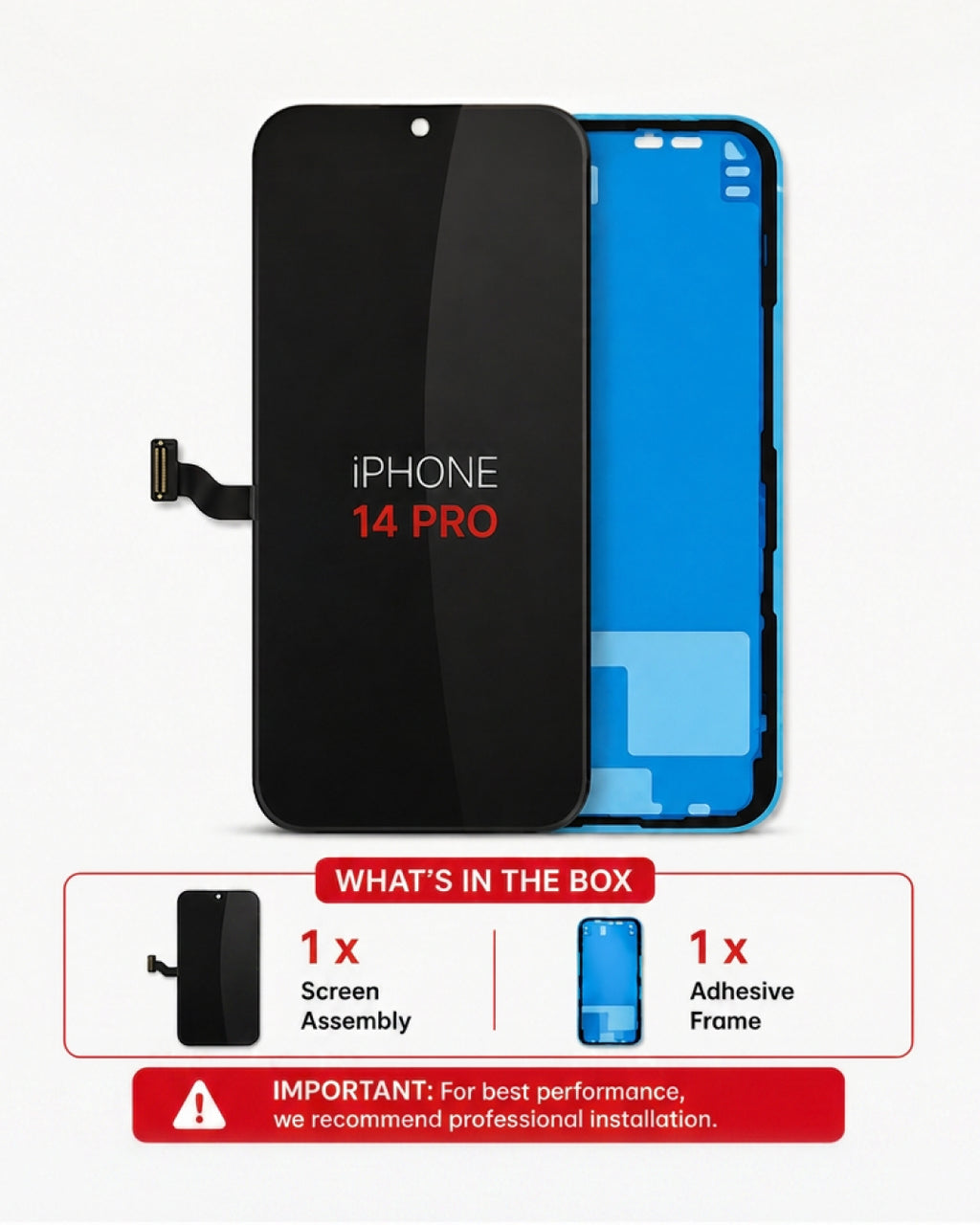 An iPhone 14 Pro replacement screen assembly and adhesive frame kit shown on a white background, with a 'What's in the box' summary at the bottom.