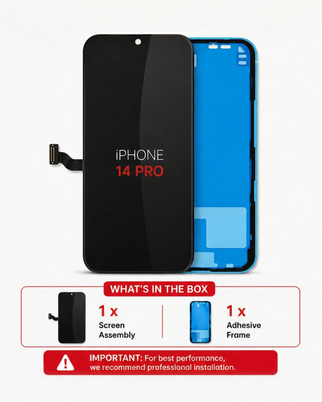 An iPhone 14 Pro replacement screen assembly and adhesive frame kit shown on a white background, with a 'What's in the box' summary at the bottom.