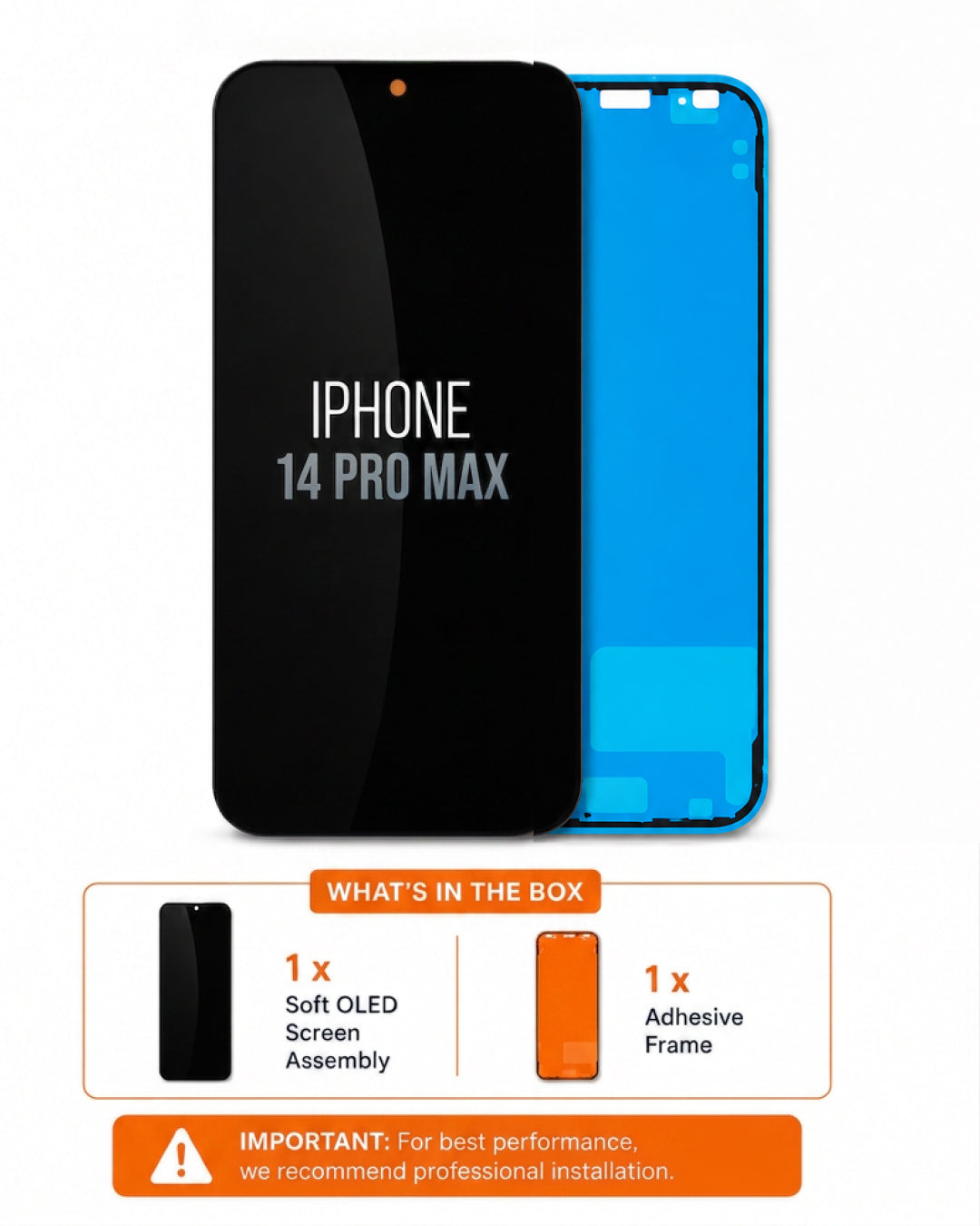 A replacement iPhone 14 Pro Max screen assembly shown on a white background, with the front black glass panel and the blue back panel visible. Below, an orange and white box summary lists the included soft OLED screen assembly and adhesive frame.