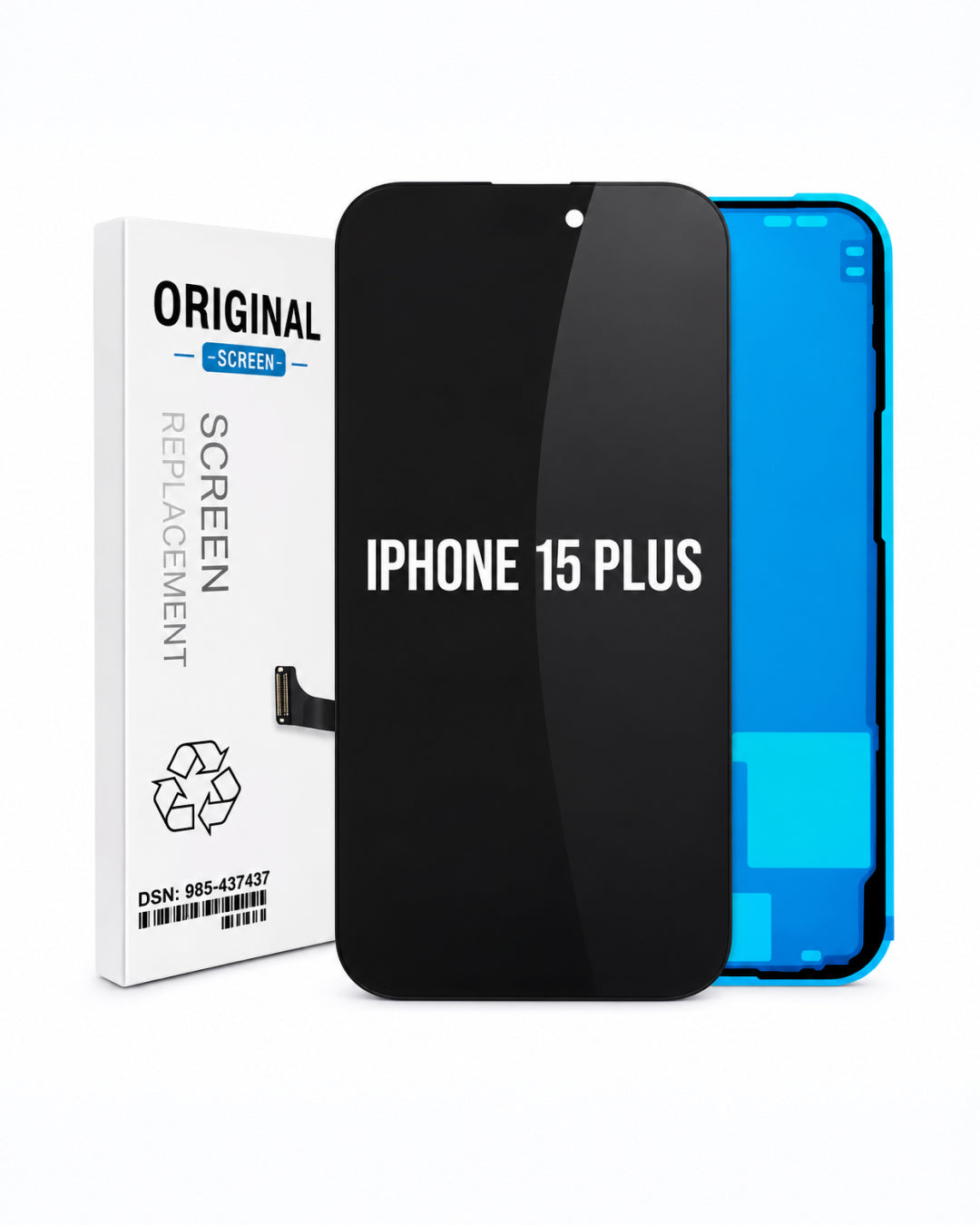 A replacement screen panel for an iPhone 15 Plus, shown with its white packaging box. The screen panel is black with white text reading 'IPHONE 15 PLUS' and a blue backlight showing through the cutouts.