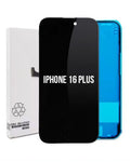A replacement screen assembly for an iPhone 16 Plus, showing the black front glass panel with white text, a blue inner frame, and its white retail packaging box on a white background.