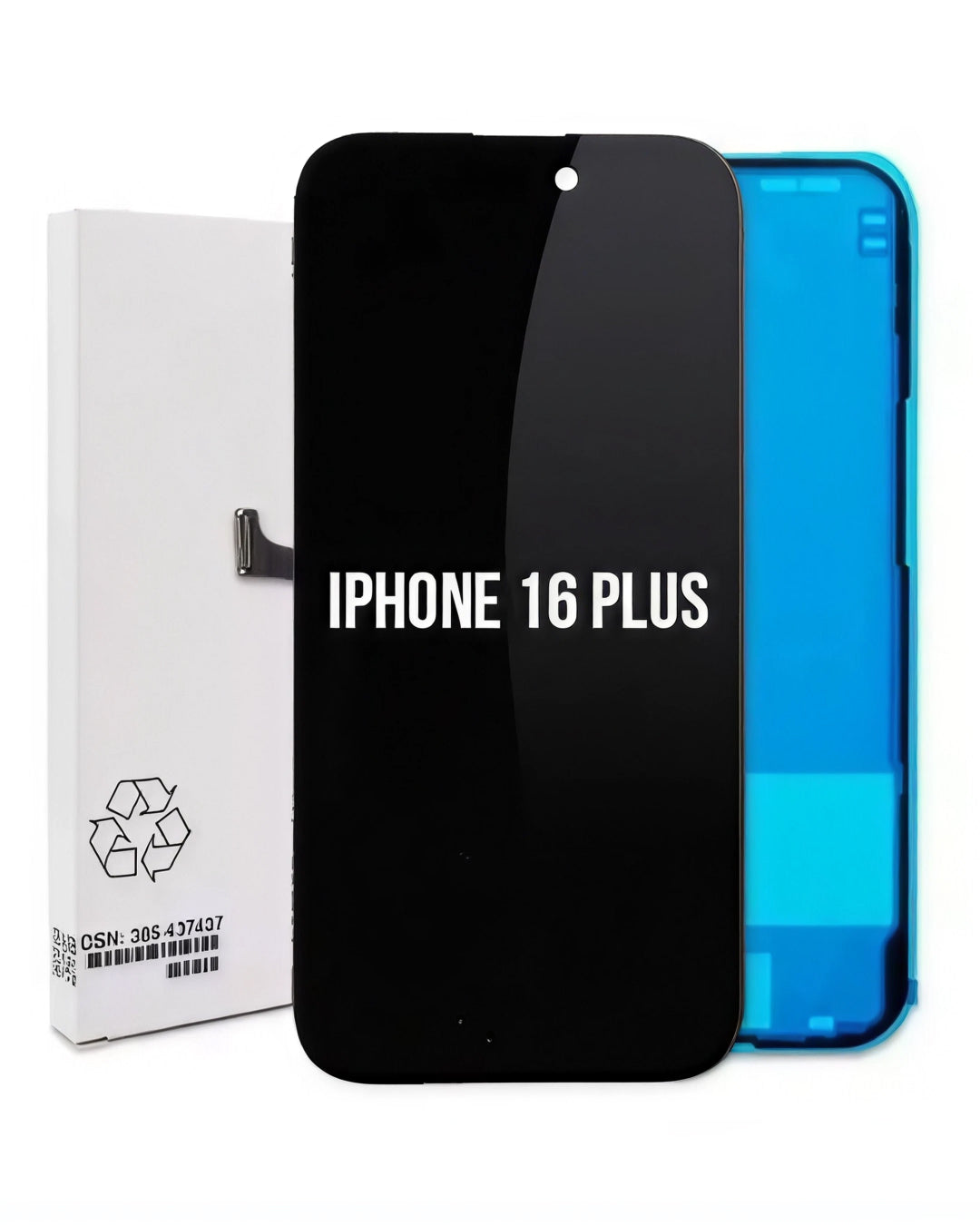 A replacement screen assembly for an iPhone 16 Plus, showing the black front glass panel with white text, a blue inner frame, and its white retail packaging box on a white background.