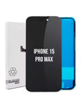 A replacement LCD screen for an iPhone 15 Pro Max, shown with its white retail packaging box on the left and a bright blue protective film on the right. The screen itself is black with white text reading 'IPHONE 15 PRO MAX'.