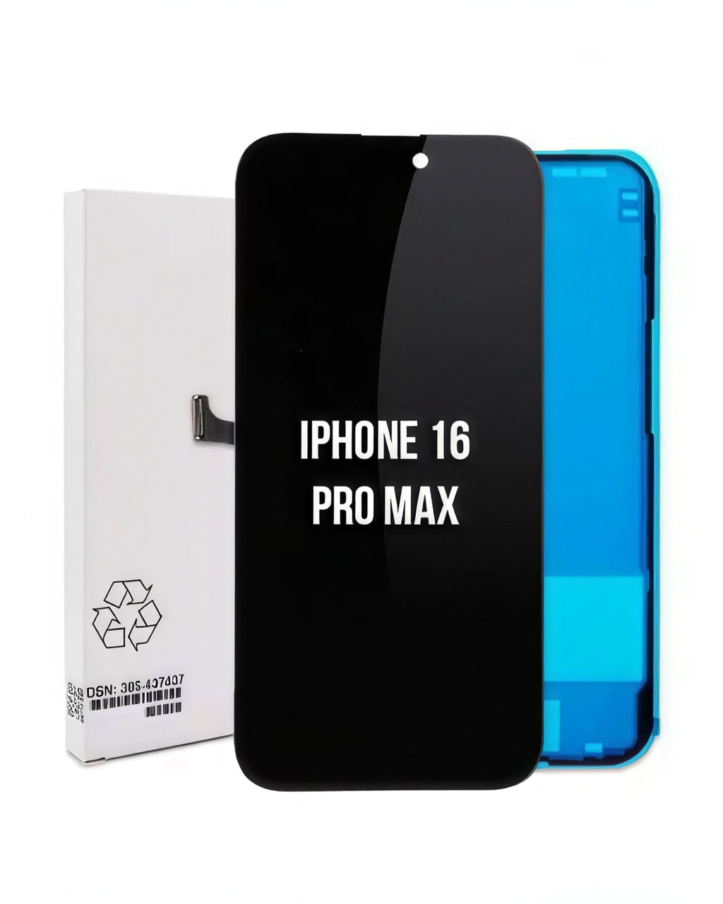 A replacement front glass screen panel for an iPhone 16 Pro Max, shown with its white retail packaging box and a blue protective backing sheet. The screen panel is black with white text reading 'IPHONE 16 PRO MAX'.