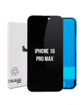 A replacement front glass screen panel for an iPhone 16 Pro Max, shown with its white retail packaging box and a blue protective backing sheet. The screen panel is black with white text reading 'IPHONE 16 PRO MAX'.