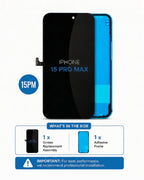 A replacement screen assembly for an iPhone 15 Pro Max, shown with a black front glass panel and a bright blue adhesive frame. The image includes a '15PM' badge and a 'What's in the box' section detailing the screen replacement and adhesive frame.