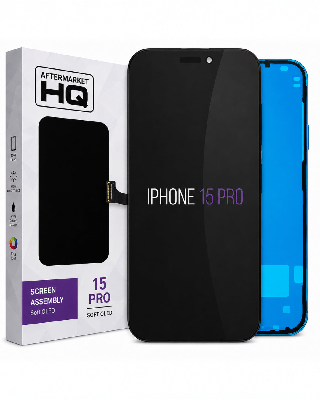 Aftermarket screen assembly for an iPhone 15 Pro, shown with its retail packaging box. The screen assembly is black with purple and white text, and is displayed alongside a blue smartphone showing the replacement screen insert.