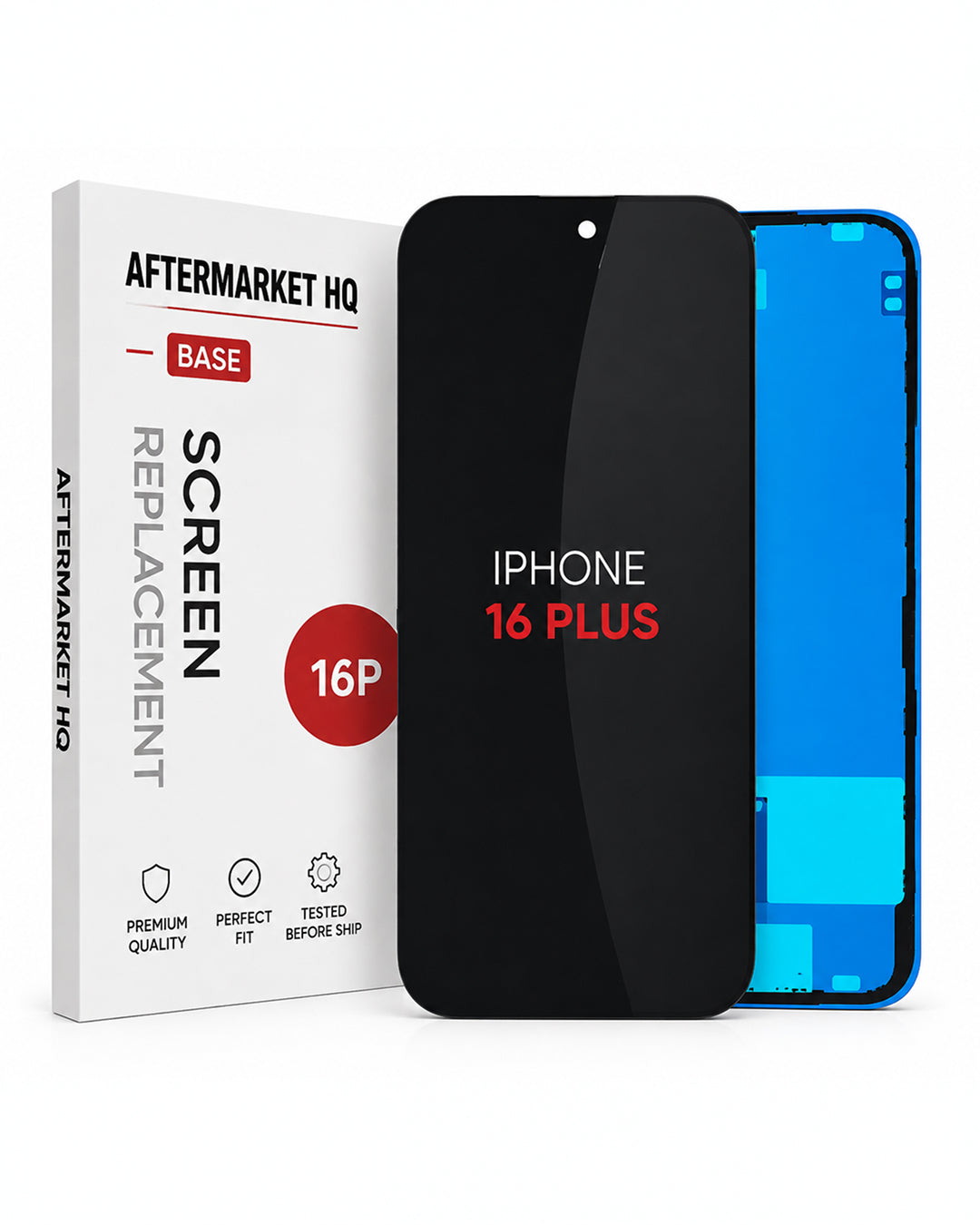 A replacement screen panel for an iPhone 16 Plus, shown with its retail packaging box. The screen panel is black on the front with 'IPHONE 16 PLUS' printed on it, and a blue inner layer is visible behind it.