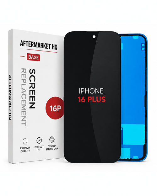 A replacement screen panel for an iPhone 16 Plus, shown with its retail packaging box. The screen panel is black on the front with 'IPHONE 16 PLUS' printed on it, and a blue inner layer is visible behind it.