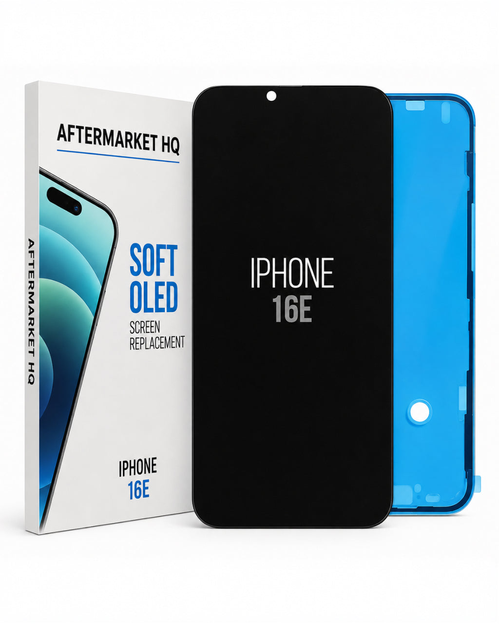 Aftermarket HQ iPhone 16E screen replacement kit, showing the black replacement LCD panel, the blue inner liner, and the retail packaging box on a white background.