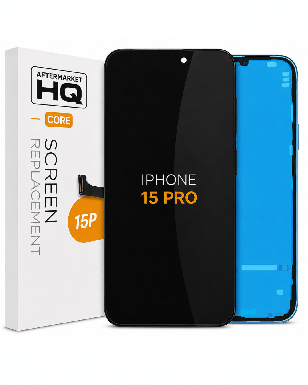 A replacement screen for an iPhone 15 Pro, shown with its white retail box on a white background. The screen is displayed in black on the front and blue on the back, with 'IPHONE 15 PRO' printed on the black front glass.