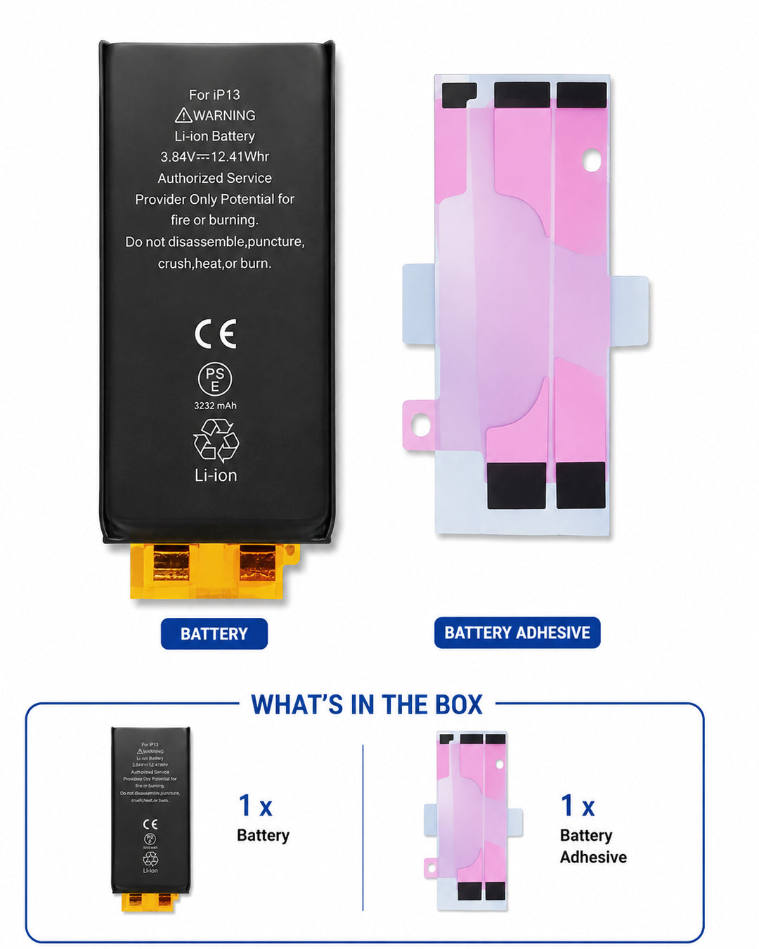 What's included in the box – Aftermarket HQ battery cell, OEM-style wrapping kit and adhesive for iPhone 13
