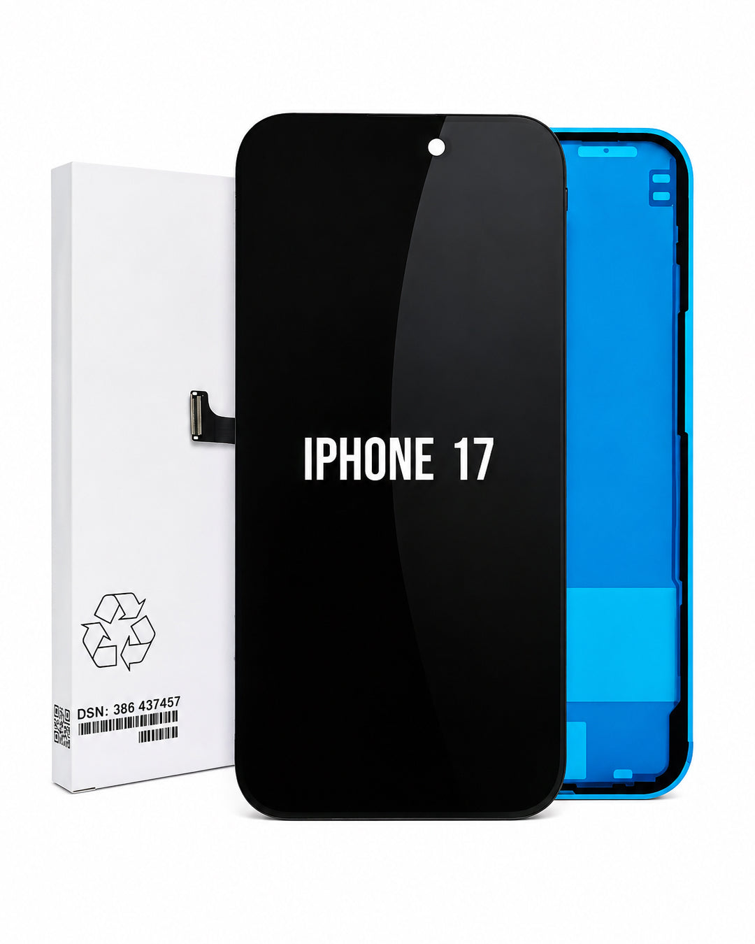 A replacement screen assembly for an iPhone 17, shown with its white retail box on a clean white background. The screen is black with white text reading 'IPHONE 17' and a blue inner frame is visible behind it.