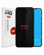 A 15-inch replacement screen for an iPhone 15 Pro, shown with its white retail packaging box. The screen protector itself is displayed on the front, showing a black glass surface with 'IPHONE 15 PRO' printed on it, and a blue inner layer is visible on the right side.