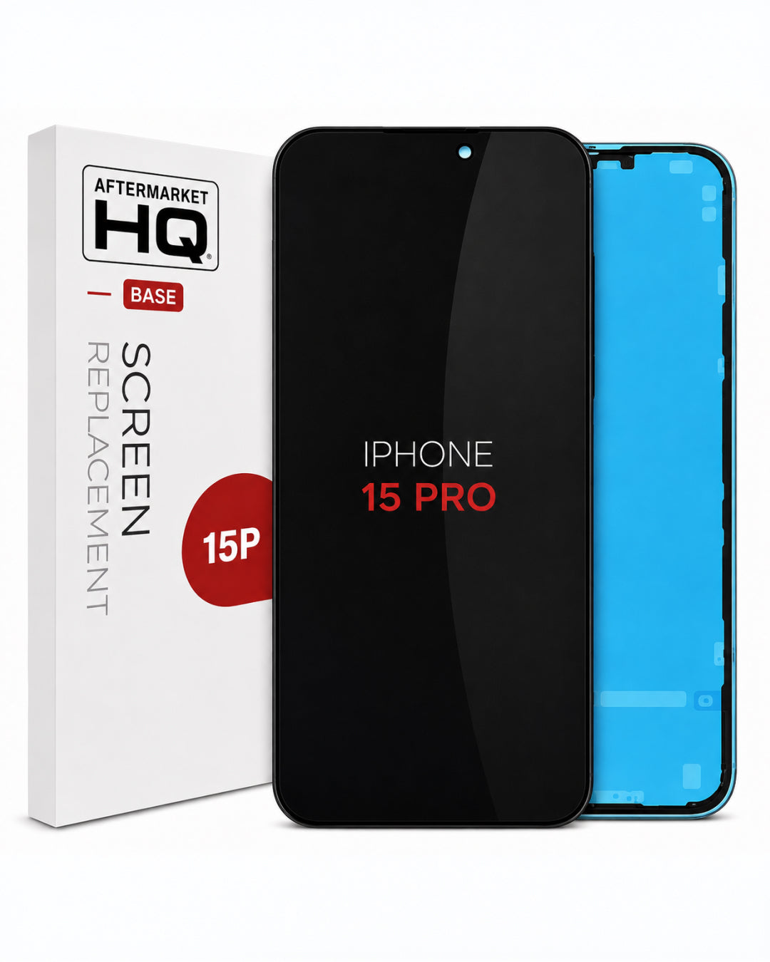 A 15-inch replacement screen for an iPhone 15 Pro, shown with its white retail packaging box. The screen protector itself is displayed on the front, showing a black glass surface with 'IPHONE 15 PRO' printed on it, and a blue inner layer is visible on the right side.