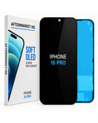 Aftermarket HQ iPhone 16 Pro screen replacement kit, showing the retail box, a black replacement screen, and a blue phone frame on a white background.