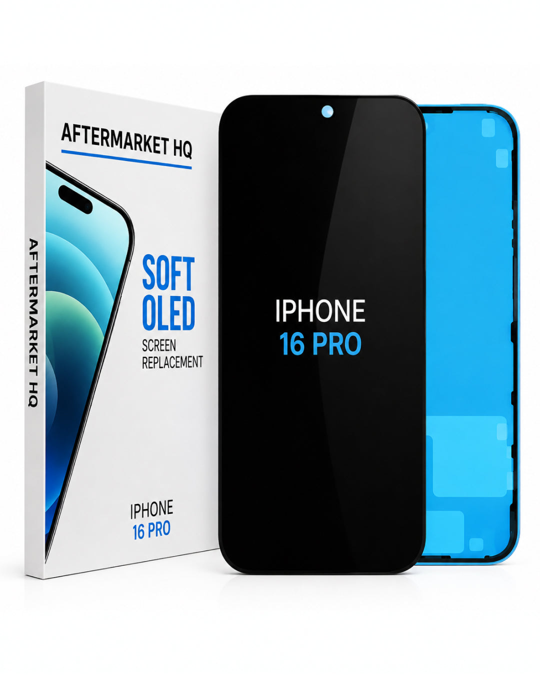 Aftermarket HQ iPhone 16 Pro screen replacement kit, showing the retail box, a black replacement screen, and a blue phone frame on a white background.