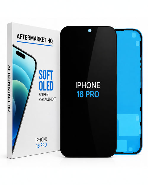 Aftermarket HQ iPhone 16 Pro screen replacement kit, showing the retail box, a black replacement screen, and a blue phone frame on a white background.