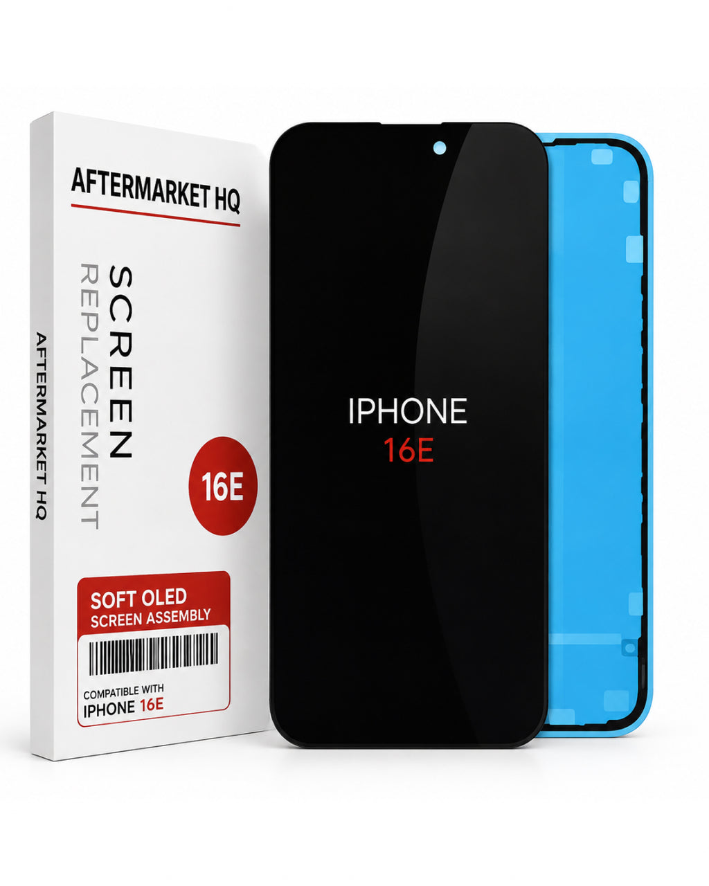 A replacement screen assembly for an iPhone 16E, shown with its white retail box, a black front glass panel, and a blue back panel on a white background.