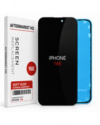 A replacement screen assembly for an iPhone 16E, shown with its white retail box, a black front glass panel, and a blue back panel on a white background.