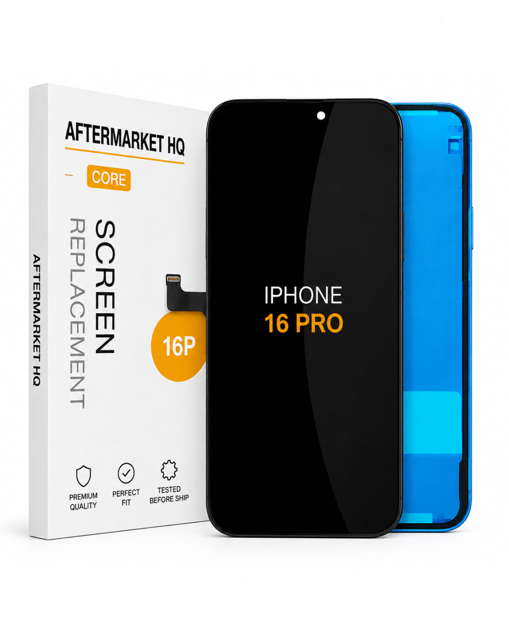 A replacement screen for an iPhone 16 Pro shown with its retail box. The screen is black with 'IPHONE 16 PRO' printed in orange, and a blue-edged phone frame is visible behind it.