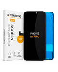 A replacement screen for an iPhone 16 Pro shown with its retail box. The screen is black with 'IPHONE 16 PRO' printed in orange, and a blue-edged phone frame is visible behind it.