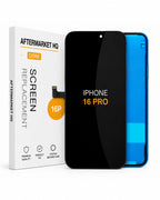 A replacement screen for an iPhone 16 Pro shown with its retail box. The screen is black with 'IPHONE 16 PRO' printed in orange, and a blue-edged phone frame is visible behind it.