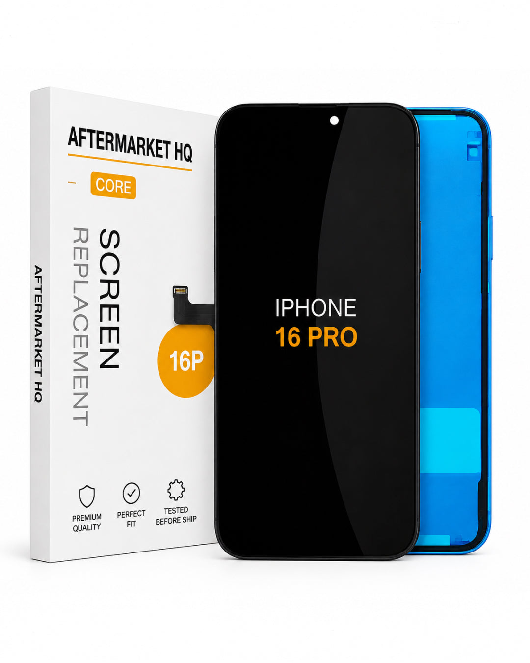 A replacement screen for an iPhone 16 Pro shown with its retail box. The screen is black with 'IPHONE 16 PRO' printed in orange, and a blue-edged phone frame is visible behind it.