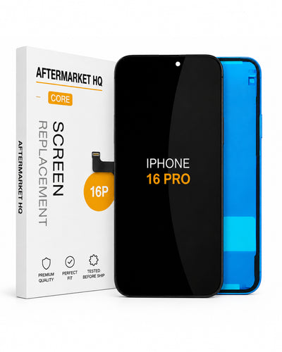 A replacement screen for an iPhone 16 Pro shown with its retail box. The screen is black with 'IPHONE 16 PRO' printed in orange, and a blue-edged phone frame is visible behind it.