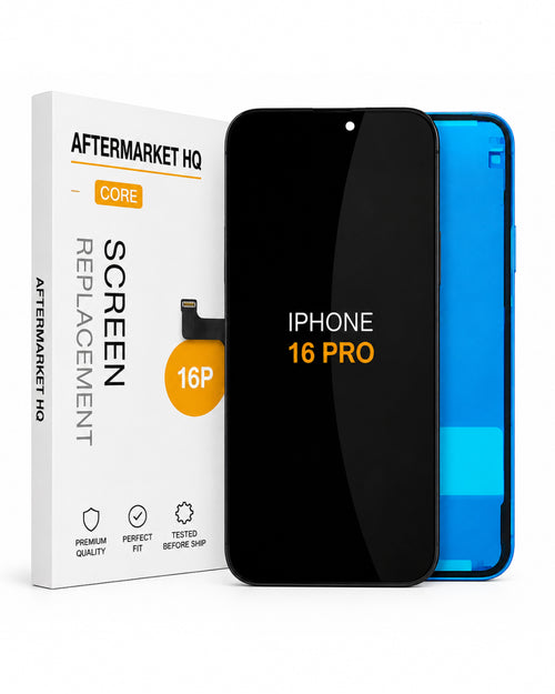 A replacement screen for an iPhone 16 Pro shown with its retail box. The screen is black with 'IPHONE 16 PRO' printed in orange, and a blue-edged phone frame is visible behind it.
