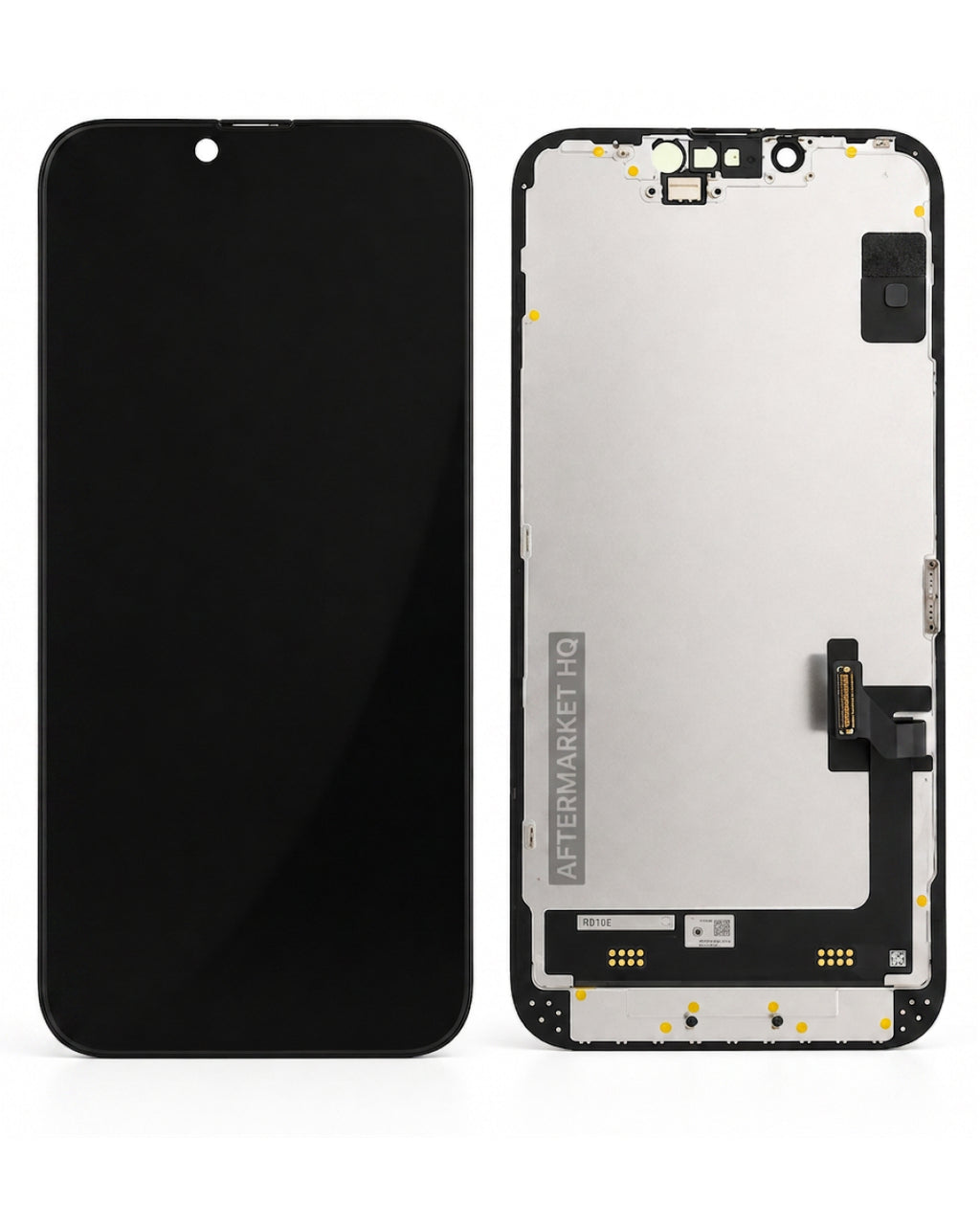 A replacement phone display screen assembly shown from both the front and back. The front view shows a black screen with a small cutout at the top for the camera.