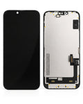 A replacement phone display screen assembly shown from both the front and back. The front view shows a black screen with a small cutout at the top for the camera.