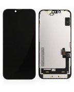 A replacement phone display screen assembly shown from both the front and back. The front view shows a black screen with a small cutout at the top for the camera.