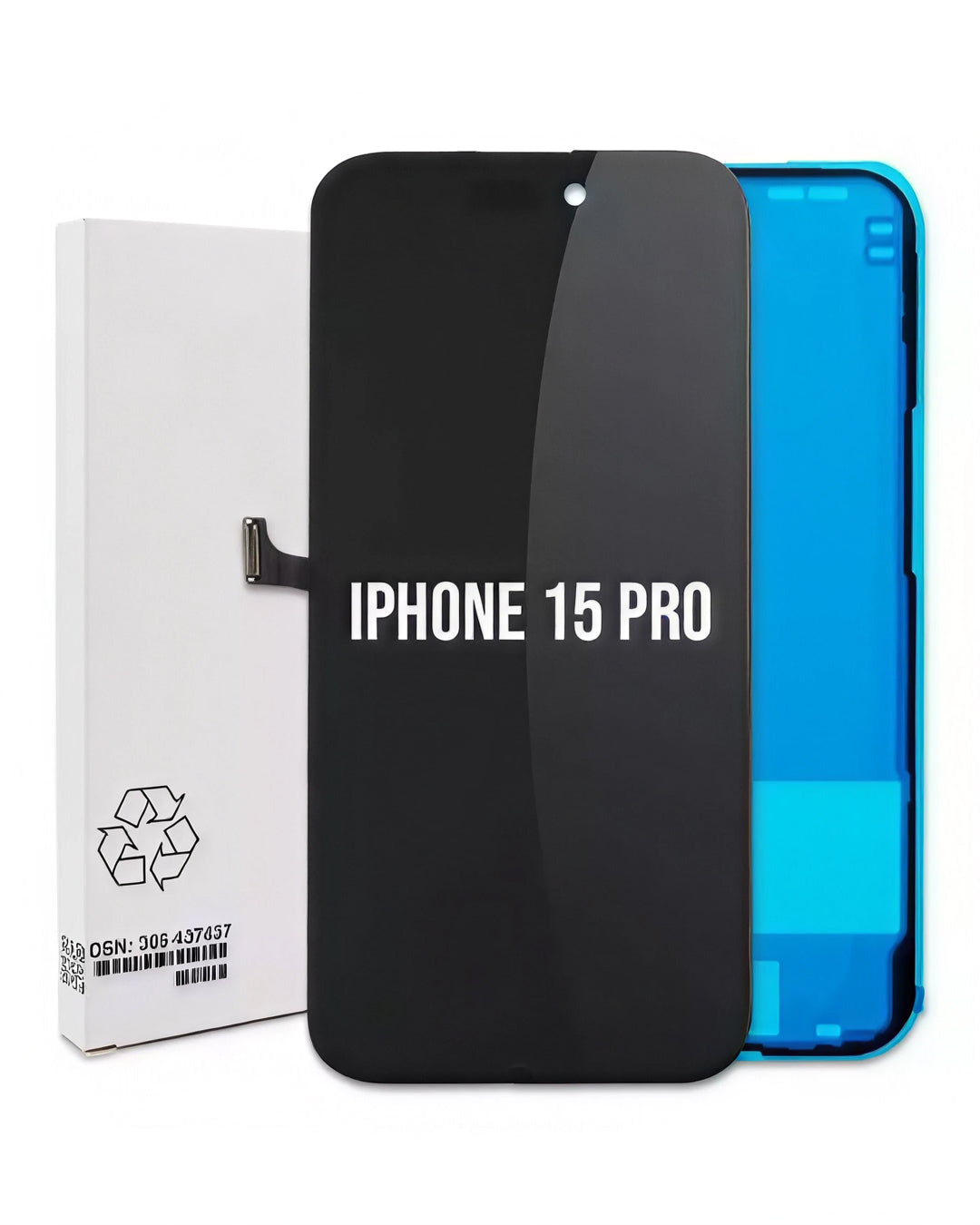 A replacement LCD display panel for an iPhone 15 Pro, shown with its white retail box on a white background. The panel is black on the front with white text reading 'IPHONE 15 PRO' and a bright blue backlight showing through the rear side.