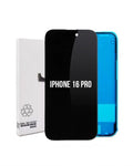 A replacement screen assembly for an iPhone 16 Pro, shown with its white retail box on a plain white background. The screen is black with white text reading 'IPHONE 16 PRO' and a blue protective film is peeled back from the right side.