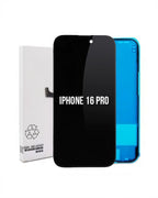A replacement screen assembly for an iPhone 16 Pro, shown with its white retail box on a plain white background. The screen is black with white text reading 'IPHONE 16 PRO' and a blue protective film is peeled back from the right side.