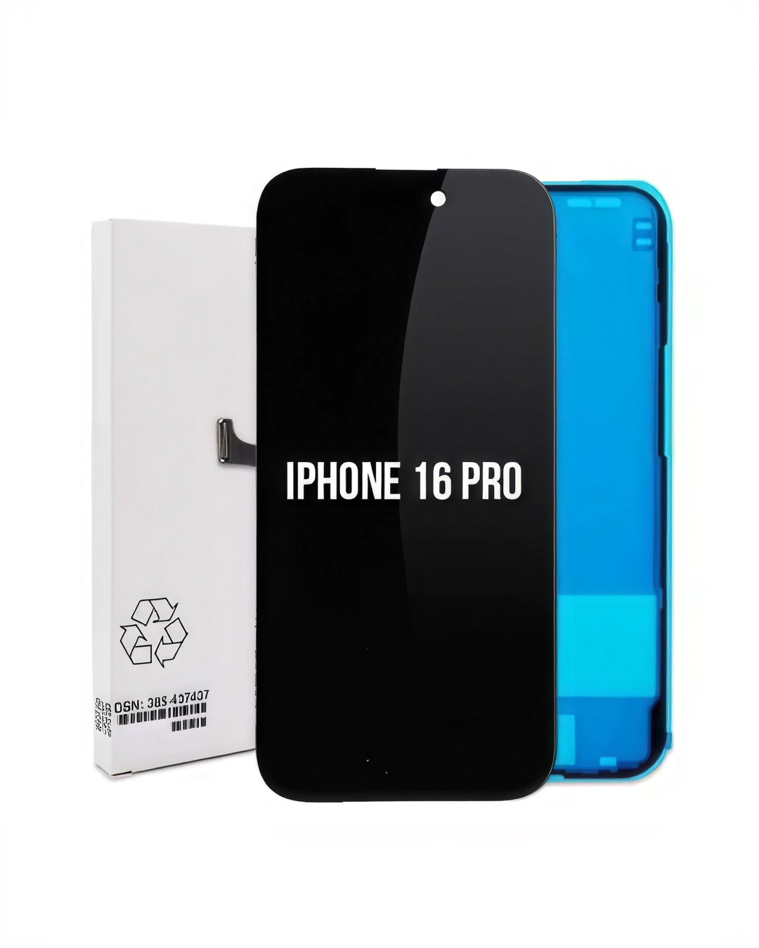 A replacement screen assembly for an iPhone 16 Pro, shown with its white retail box on a plain white background. The screen is black with white text reading 'IPHONE 16 PRO' and a blue protective film is peeled back from the right side.