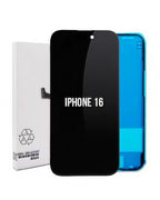 A replacement screen assembly for an iPhone 16, shown with its white retail box on the left, the black front glass panel in the center, and the blue back panel on the right.