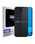 Aftermarket HQ screen protector for iPhone 15 Pro Max, shown with its retail packaging box and a blue-edged iPhone 15 Pro Max displaying the black screen protector.