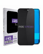 Aftermarket HQ screen protector for iPhone 15 Pro Max, shown with its retail packaging box and a blue-edged iPhone 15 Pro Max displaying the black screen protector.
