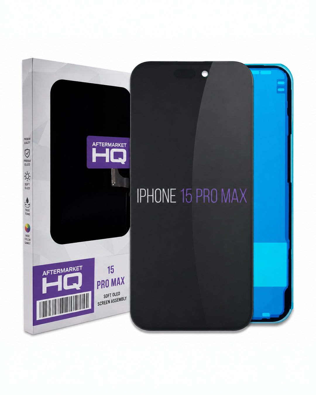 Aftermarket HQ screen protector for iPhone 15 Pro Max, shown with its retail packaging box and a blue-edged iPhone 15 Pro Max displaying the black screen protector.
