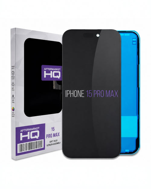 Aftermarket HQ screen protector for iPhone 15 Pro Max, shown with its retail packaging box and a blue-edged iPhone 15 Pro Max displaying the black screen protector.