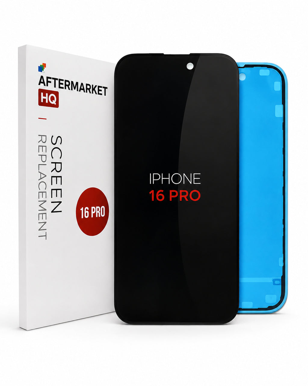Aftermarket replacement screen for iPhone 16 Pro, shown with its white retail box, a black front glass panel, and a blue back panel.