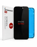 Aftermarket replacement screen for iPhone 16 Pro, shown with its white retail box, a black front glass panel, and a blue back panel.
