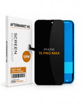 A replacement screen assembly for an iPhone 15 Pro Max by Aftermarket HQ, shown with its white retail box and the black screen panel alongside a blue phone frame.